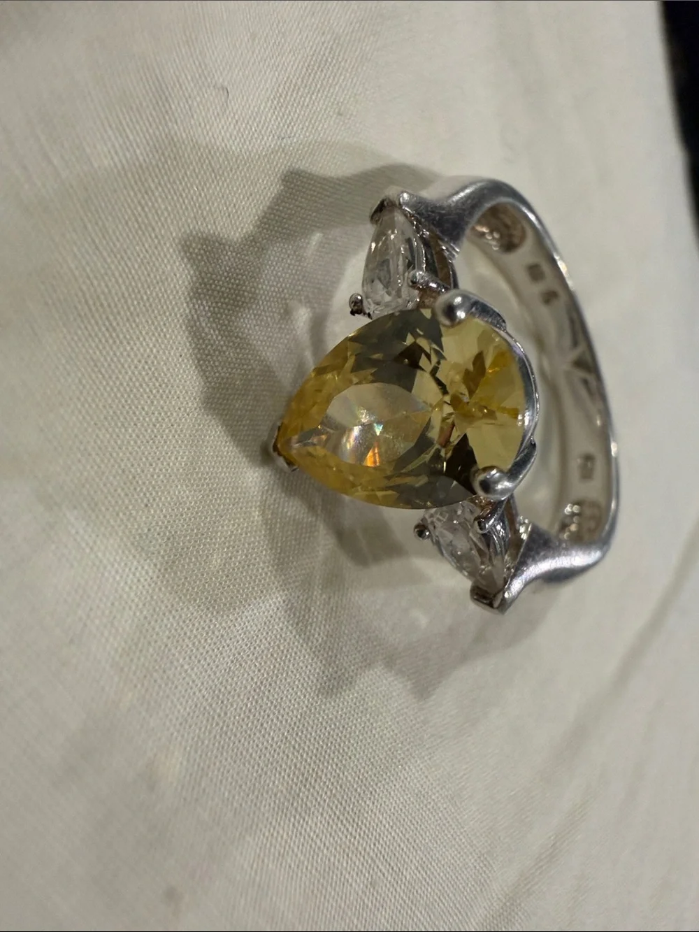 925 Silver Pear-Cut Yellow Citrine Ring with Side Cubic Zirconia stones